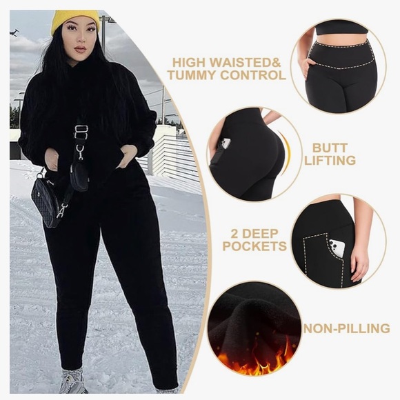 New Fleece Lined High Waist Rise Solid Black Leggings With Pockets NWT Stretchy - Picture 3 of 16